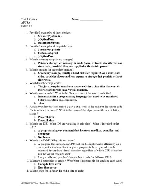 APCSA Fall 2017 Test 1 Review Guide Study Sheet PDF Computer Data