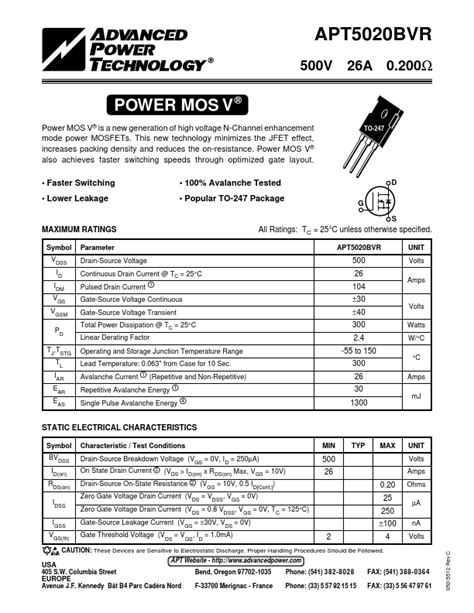 APT5020BVR datasheet - 500V,26A Power MOS V Transistor