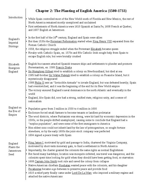 APUSH Chapter 2 and 3 Notes PDF Thirteen Colonies Puritans