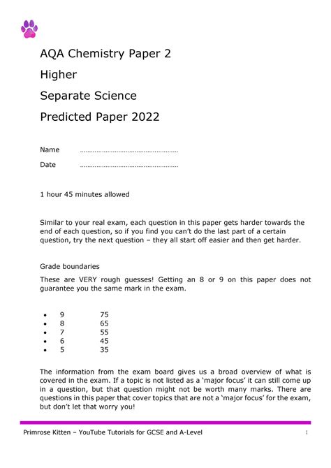 AQA Chemistry Paper 2 Higher Separate Science Predicted Paper …