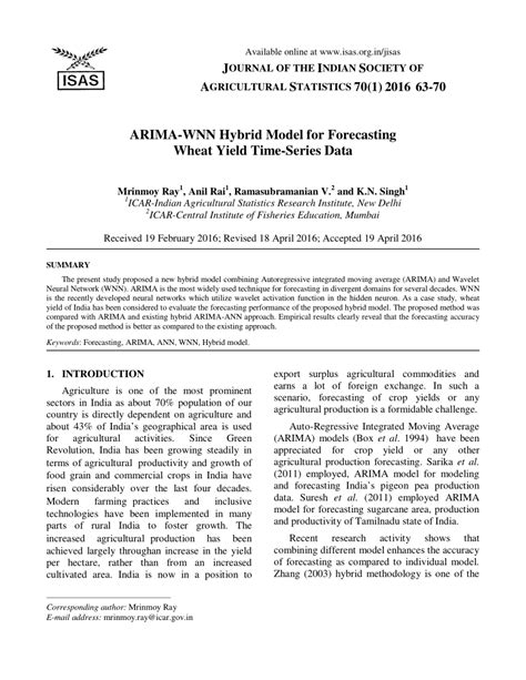 ARIMA-WNN Hybrid Model for Forecasting Wheat Yield Time