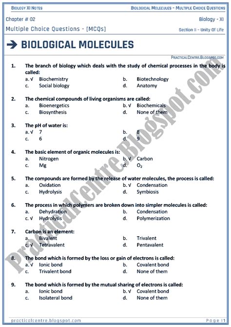 AS Biology Biological Molecules Classified Questions Paper 1