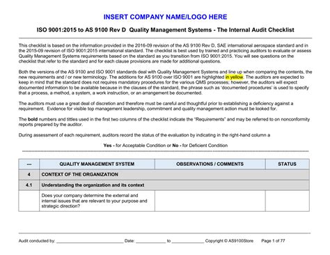 AS9100D Over ISO9001AuditChecklist sample