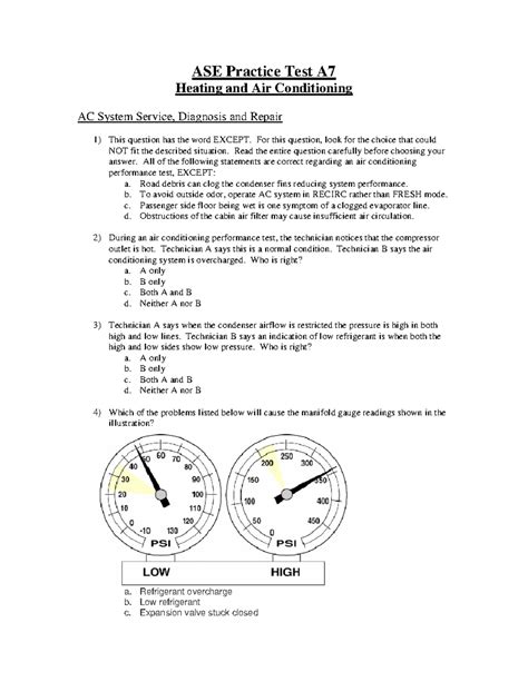 ASE Practice Test A7 ASE Practice Test A Heating and Air Conditioning