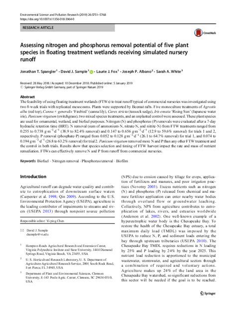 Assessing nitrogen and phosphorus removal potential of five plant ... - raincitystudios.com