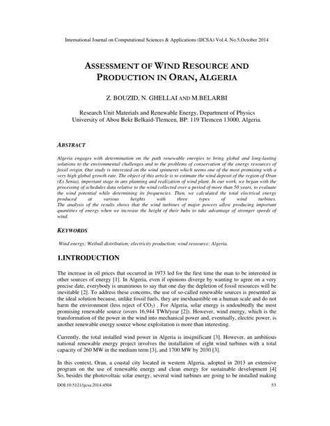 ASSESSMENT OF WIND RESOURCE AND PRODUCTION IN ORAN ALGERIA