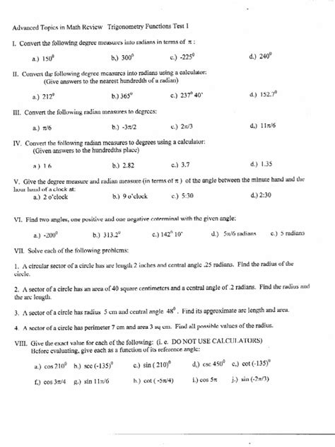 AT4 Trigonometry Test 1 Review Worksheet