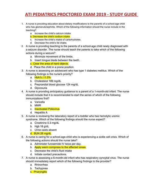 ATI Pediatrics Proctored Exam 2019 Questions and Answers