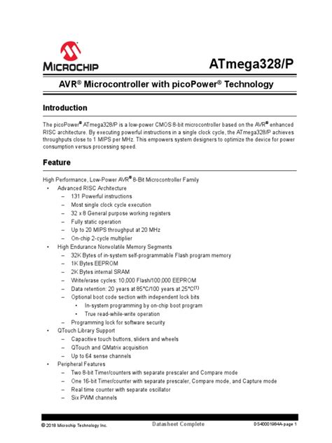 ATmega328 P AVR MCU With PicoPower Technology Data Sheet 40001984A