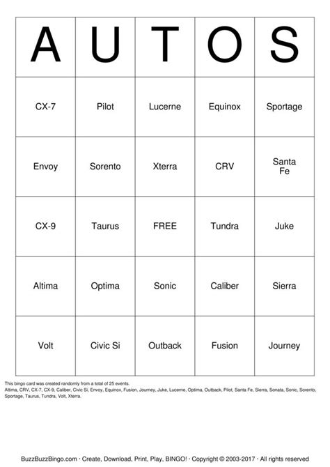 AUTOS Bingo Cards to Download, Print and Customize!
