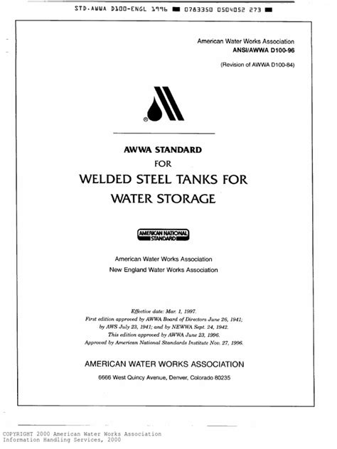 AWWA D100 96 Welded Steel Tanks for Water Storage pdf