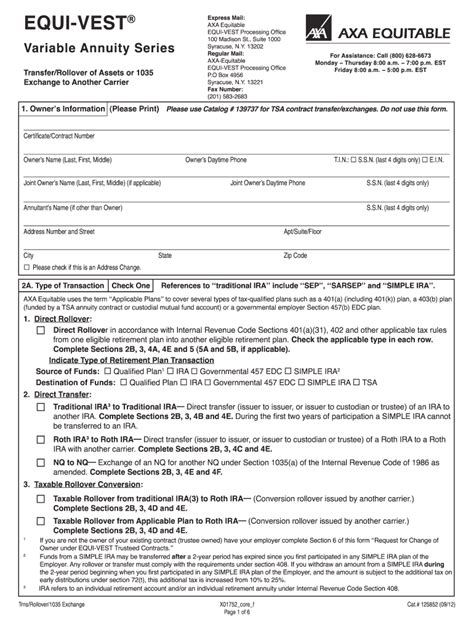 AXA Equitable Trns/Rollover/1035 Exchange 20122021 Fill and Sign