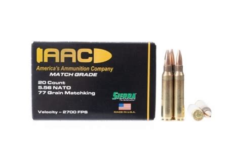Aac 77 grain 5.56. 256-Bit Secure Checkout. Elevate your match shooting game with Black Hills 5.56x45mm 77-grain Tipped MatchKing (TMK) D556N19 ammo. Experience the precision of its 1293 ft-lbs muzzle energy and rapid 2750 fps muzzle velocity. This 500-round master case, organized into ten 50-round boxes, ensures you’re ready for top-level competition. 