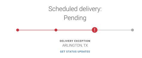After you’ve entered your tracking number into Track , the results page will show you the most current information available about the location and status of your delivery. Here are some common tracking statuses and what they mean. In transit. Out for delivery. Notice left. Delivery Attempt Made / Rescheduled for delivery next business day.. Aaron%27s pending delivery meaning