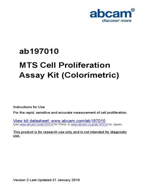 Ab197010 MTS Cell Proliferation Colorimetric Assay Kit Protocol v3b Website