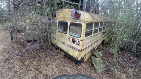 Abandoned 1960s International School bus stuck in the woods.