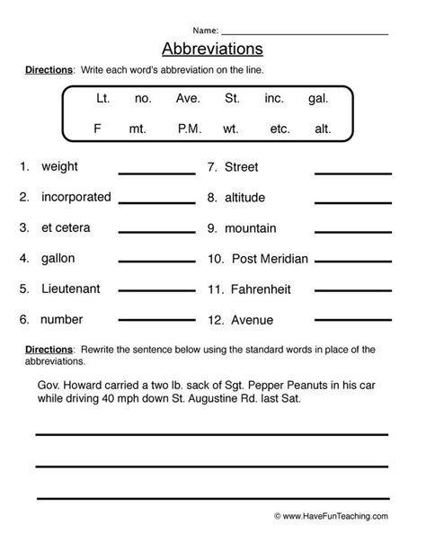 Abbreviations Fill in the Blank Worksheet Have Fun Teaching