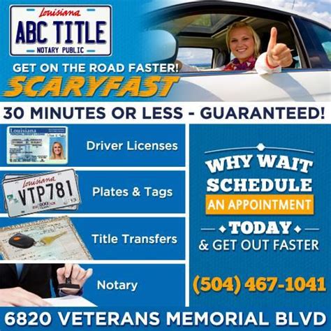 ABC Title of Metairie, Metairie, Louisiana. 5,790 likes · 12 talking about this · 5,399 were here. Notary, Driver’s Licenses, Learner’s Permits, State IDs, Duplicate Title’s, …. 