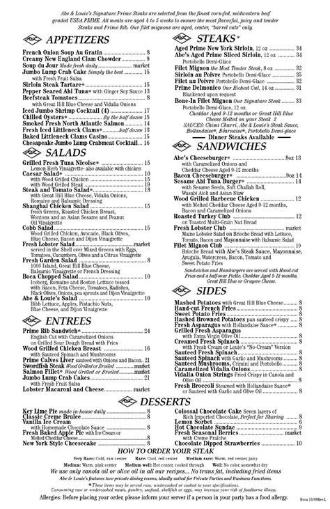 Abe And Louie S Menu With Prices