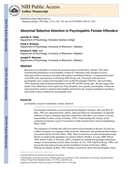 Abnormal Selective Attention in Psychopathic Female Offenders pdf