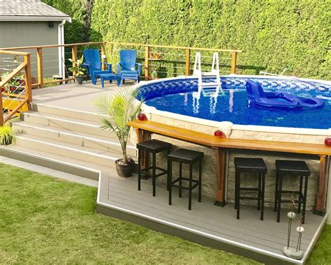 Above ground pool decking. 4.3 7 ratings. $2,79896. Size: 5' x 5'. 5' x 5'. 5' x 10'. Maintenance free resin deck platform, posts, railings and pool steps. Designed to fit above ground pools 48" to 56" in height. All resin components UV protected to maintain strength & color. Cantilever deck design eliminates gap between deck and pool top rail. 