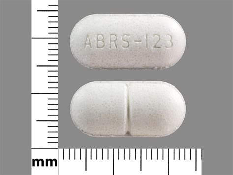 Pill Identifier ; Interaction Checker ; Well-Being . Back Well-Being View All . Aging Well ; Baby ; ... ABRS-123 . This medicine is a white, oblong, scored, tablet imprinted with "ABRS-123".. 