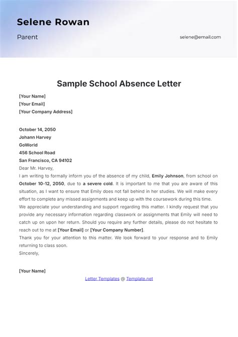 Absent from school letter.  Easily Editable, Printable, Downloadable.  In...
