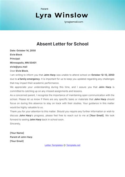 Absent letter for school class 6.  It can be written by the Understanding t...