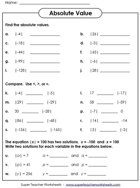 Absolute Value Math Practice Worksheet