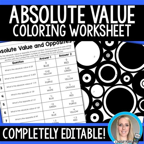 Absolute Value and Opposites Editable Coloring Worksheet Store