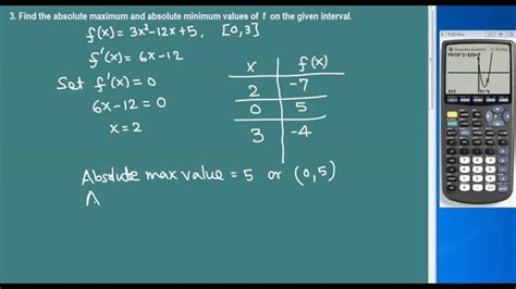 Compare the f (x) f ( x) values found for each value of x x in order to determine the absolute maximum and minimum over the given interval. The maximum will occur at the highest f (x) f ( x) value and the minimum will occur at the lowest f (x) f ( x) value. No absolute maximum. No absolute minimum. 