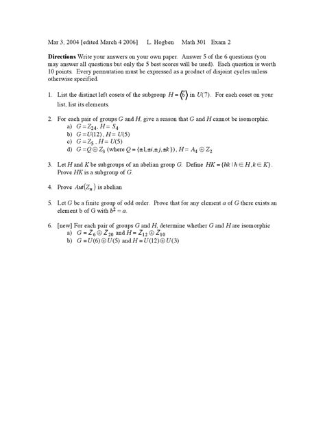 Abstract Algebra I Practice Homework 2 Math 301 Docsity