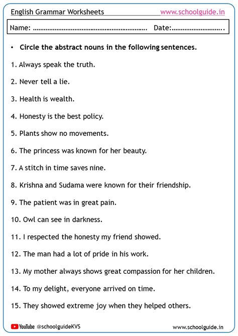 Abstract Noun Worksheets For Class 6 With Answers Noun Worksheets