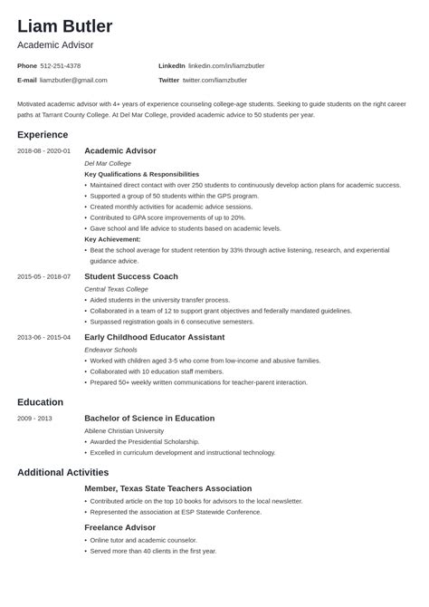 Academic Advisor Job Description Resume