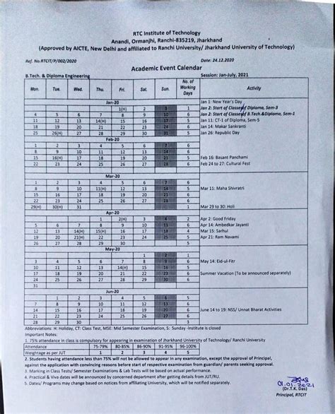 Academic Calendar RTC Institute of Technology