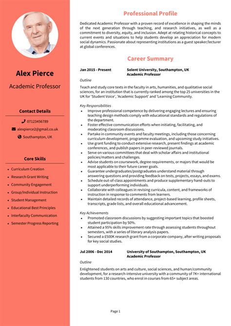 Academic Cv Example Teacher Professor