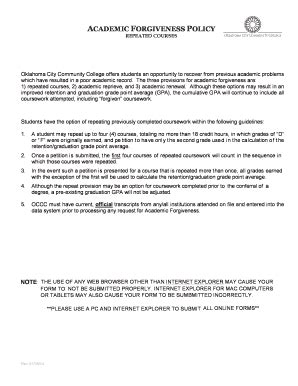 Academic forgiveness policy. Courses which have been omitted from the transcript record under Academic Deficiency . Rule 43 are not automatically disregarded for purposes of determining financial aid satisfactory progress. Rule 43. Academic Forgiveness Policy • Former WSU students dismissed under any academic deficiency rule and who have not been 