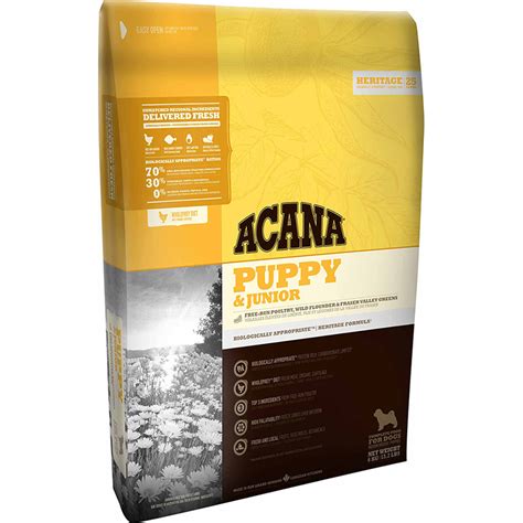 Acana dog food puppy. Nutrient Analysis. Based on its ingredients alone, Acana Dog Food looks like an above-average dry product. The dashboard displays a dry matter protein reading of 33%, a fat level of 19% and estimated carbohydrates of about 40%. As a group, Acana features an average protein content of 34% and a mean fat level of 18%. 