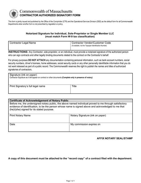 Acceptance of Standard Contract Form, Contractor Authorized Signatory
