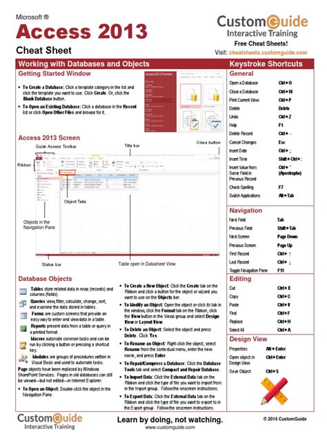 Access 2013 Cheat Sheet Table (Database) Software
