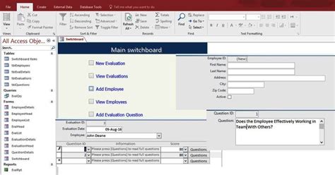 Access Employee Performance Evaluation Form Templates Database For Microsoft Access 2016