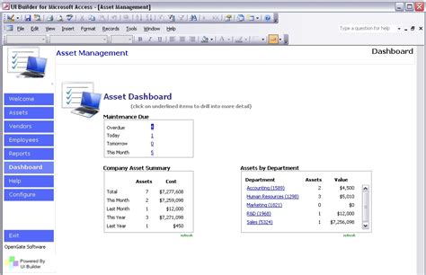Access asset management. Use the Access Asset Tracking template. Use the Access Asset Tracking template to keep track of computers, office equipment, or anything else that is owned or maintained by people. This version of a popular Access template also lets you search Asset details, show or hide columns, send e-mail messages, and map asset owners’ addresses. 