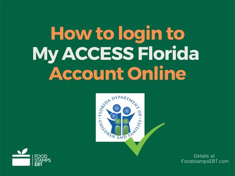 The Access Florida Login System allows customers to log in to their public support information 24/7 through the My ACCESS app and online account. To access my Florida account, Florida residents must visit the Myaccessflorida/myaccount login page at www.myaccessflorida.com. Through this portal, you can quickly apply for Food Stamps/SNAP (in the ... . 