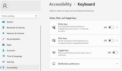 Accessibility settings turn off.  The following is a list of keyboard ...