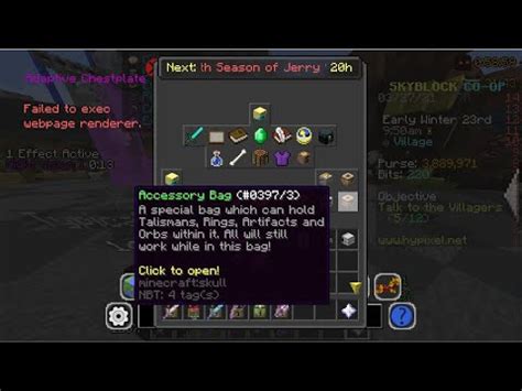 Accessory bag hypixel. 1 day ago · The Cat Talisman is an UNCOMMON Accessory that grants the player +1 Speed. The Cat Talisman is obtained through the ⏣ Dungeon Hub by completing 4/4 of any of the Dungeon Races. Races can be started by talking to Guildford next to the start race pad. If the player loses the item, it can be repurchased from Rusty for 1,000,000 coins. … 