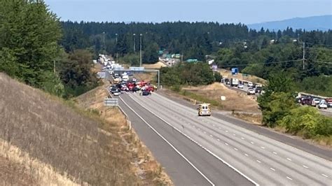 Through traffic from Washington may want to use Interstate 205 southbound. Update 10:30 a.m.: Left and middle lanes still blocked. Right lane open to through traffic.