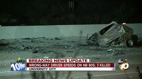 Accident on the 805. SORRENTO VALLEY, CA (May 30, 2023) - Sunday night, an alarming head-on crash on Mira Mesa Boulevard near Interstate 805 injured 3 people. The incident happened at 8:53 p.m. in the 5300 block of Mira Mesa Boulevard near Interstate 805, said San Diego police Officer John Buttle. According to reports, a 26-year-old woman driving her 2014 Ford ... 