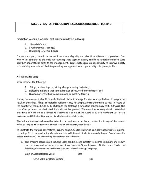 Accounting FOR Production Losses Under JOB Order Costing