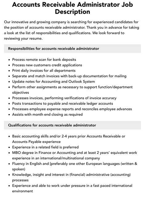 Accounts Receivable Administrator Job Description Velvet Jobs