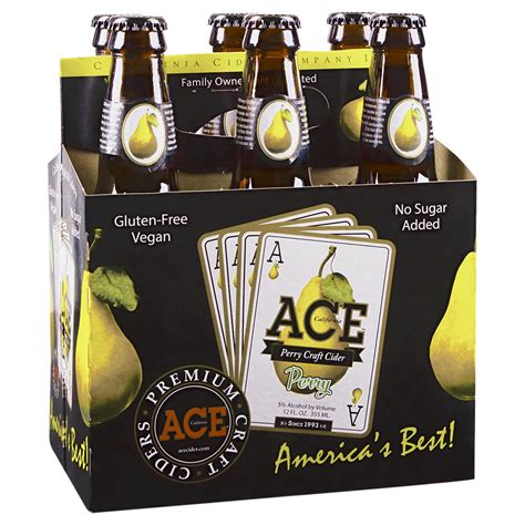 Ace pear cider. Apple and pear juices make for a semi-sweet cider with a dry finish. Made at California's original cidery since 1993. From Sonoma County's Russian River Valley. 5% ABV. 100% Natural. Handcrafted and fermented from real fruit juices. No sugar added. Gluten-Free, Vegan. Shop for Ace Perry Cider (6 bottles / 12 fl oz) at King Soopers. 